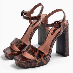 TOPSHOP Leopard Leather Strappy Platform Sandals Heels Wide Fit